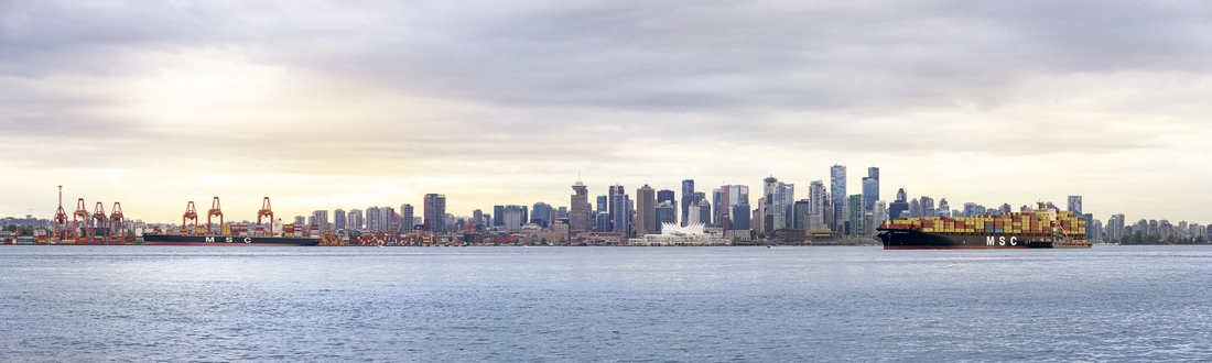 panoramic shot MSC vessels at Vancouver Port